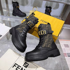 Fendi Black Leather Combat Boots | FF Jacquard Panel | Gold FENDI Buckle Strap | Lug Sole