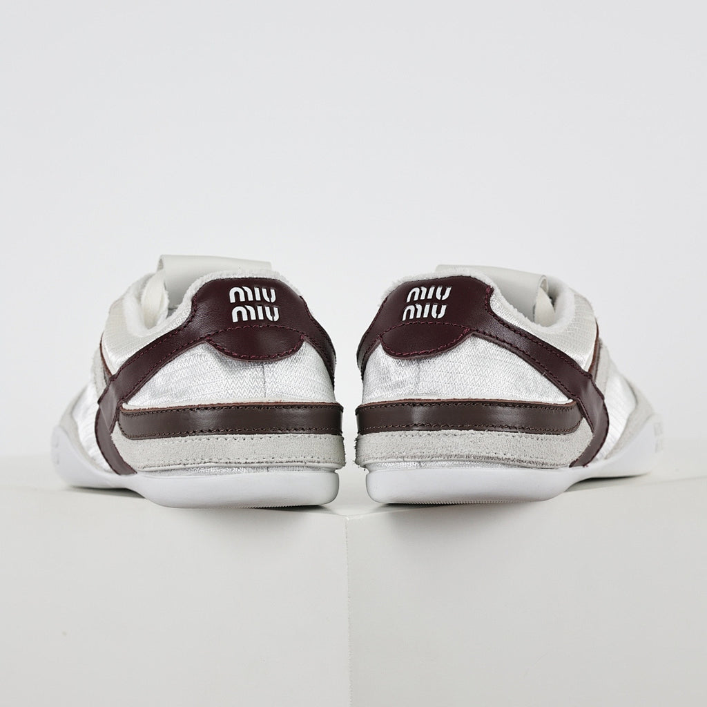 Miu Miu Suede & Satin Trainer Sneakers in White & Brown