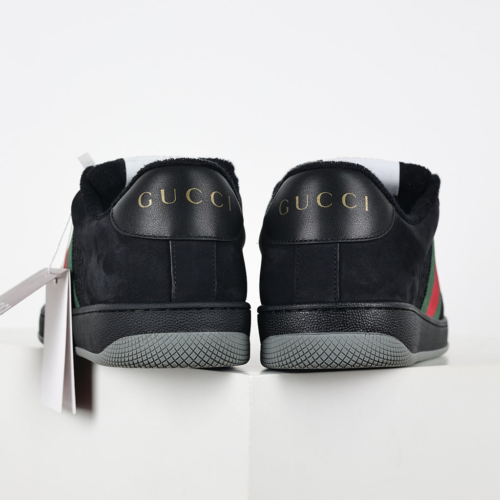 Gucci Screener Low-Top Sneakers – Triple Black GG Canvas & Suede with Web Stripe