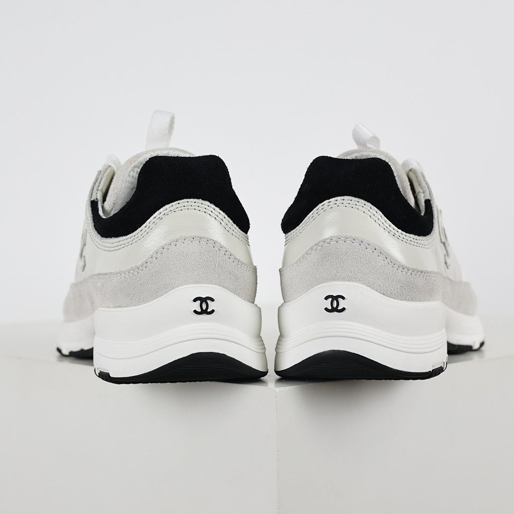 Chanel CC Logo Chunky Dad Sneakers – White Mesh & Suede with Black Rubber Accents