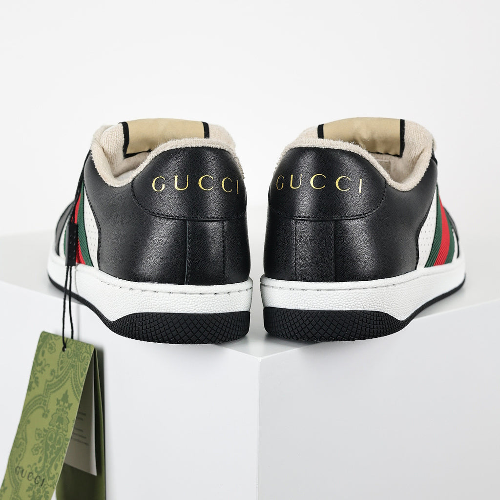 Gucci Screener Low-Top Sneakers – Black & White Leather with Web Stripe