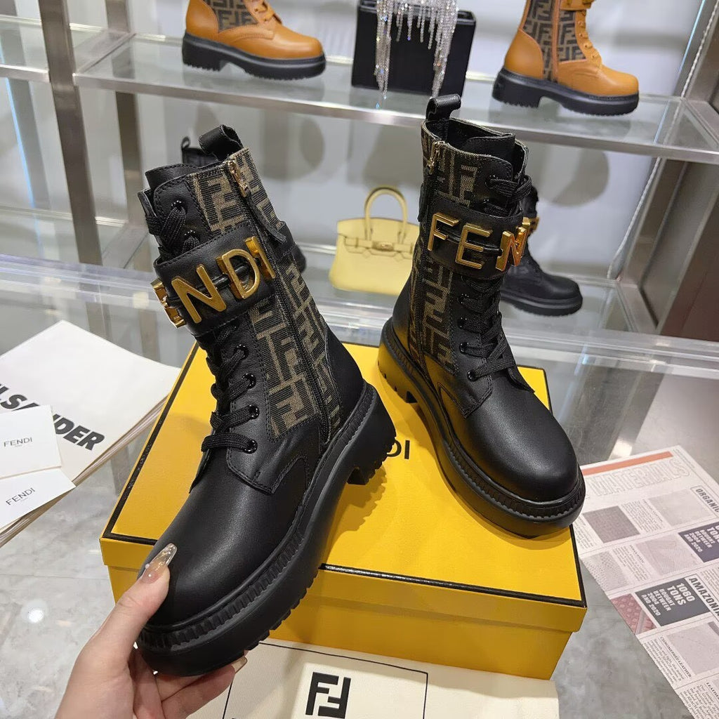 Fendi Black Leather Combat Boots | FF Jacquard Panel | Gold FENDI Buckle Strap | Lug Sole