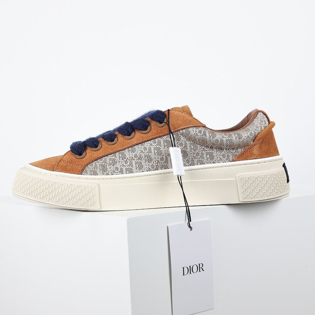 Dior B33 Low-Top Sneakers – Caramel Suede & Oblique Canvas with Navy Laces