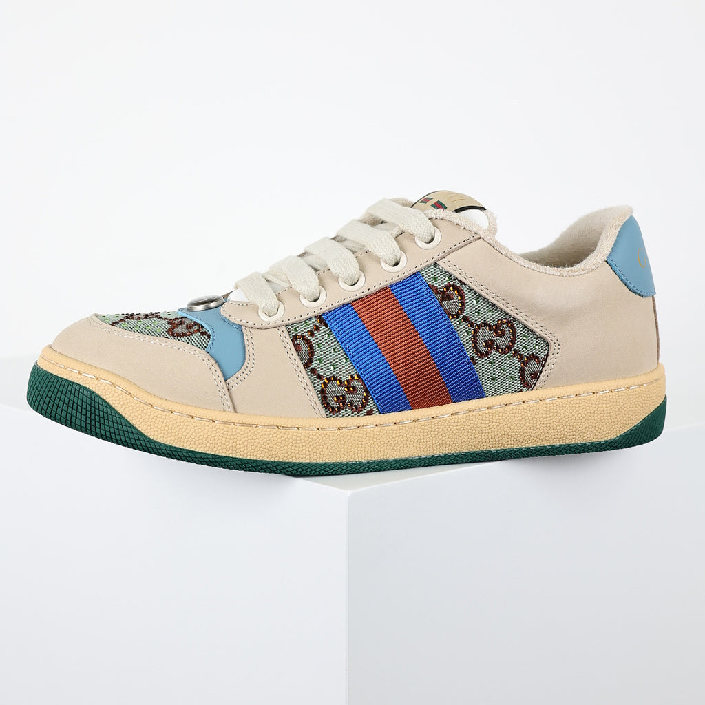 Gucci Screener Low-Top Sneakers – GG Supreme Canvas with Sky Blue Leather Trim & Green Sole