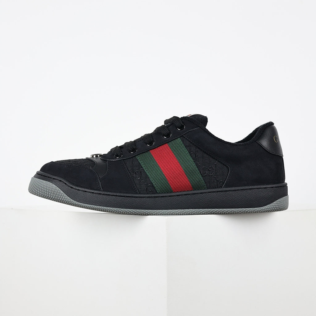 Gucci Screener Low-Top Sneakers – Triple Black GG Canvas & Suede with Web Stripe