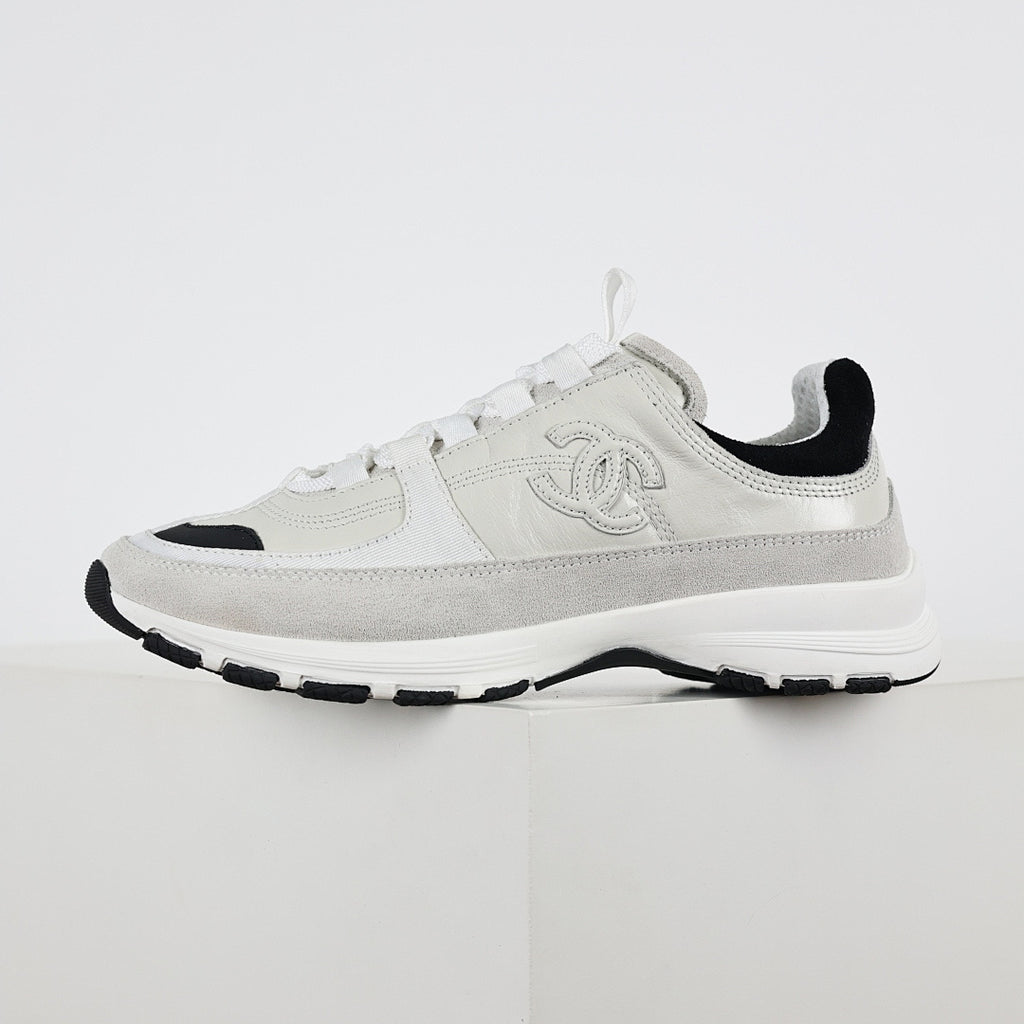 Chanel CC Logo Chunky Dad Sneakers – White Mesh & Suede with Black Rubber Accents