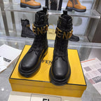 Fendi Black Leather Combat Boots | FF Jacquard Panel | Gold FENDI Buckle Strap | Lug Sole