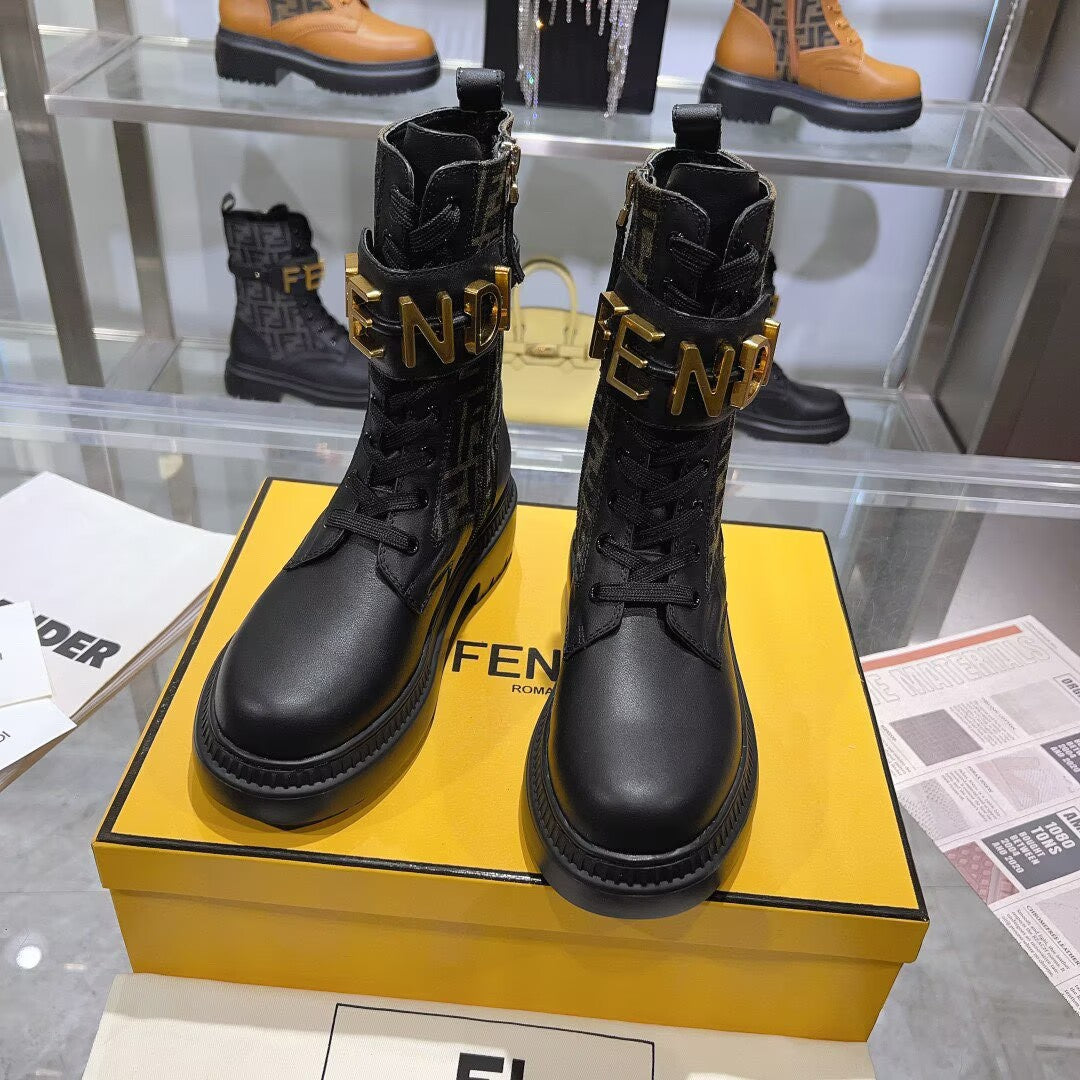 Fendi Black Leather Combat Boots | FF Jacquard Panel | Gold FENDI Buckle Strap | Lug Sole