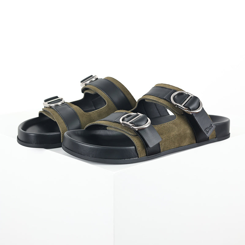 Dior Aqua Double-Buckle Slide Sandals – Olive & Black