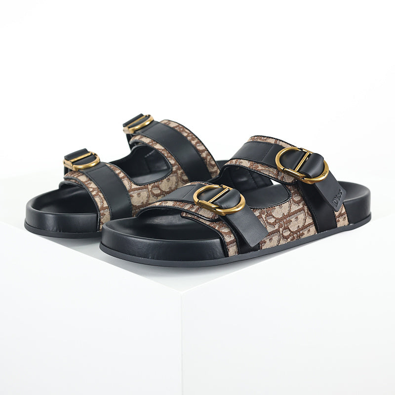 Dior Aqua Oblique Double-Buckle Slides – Beige & Brown