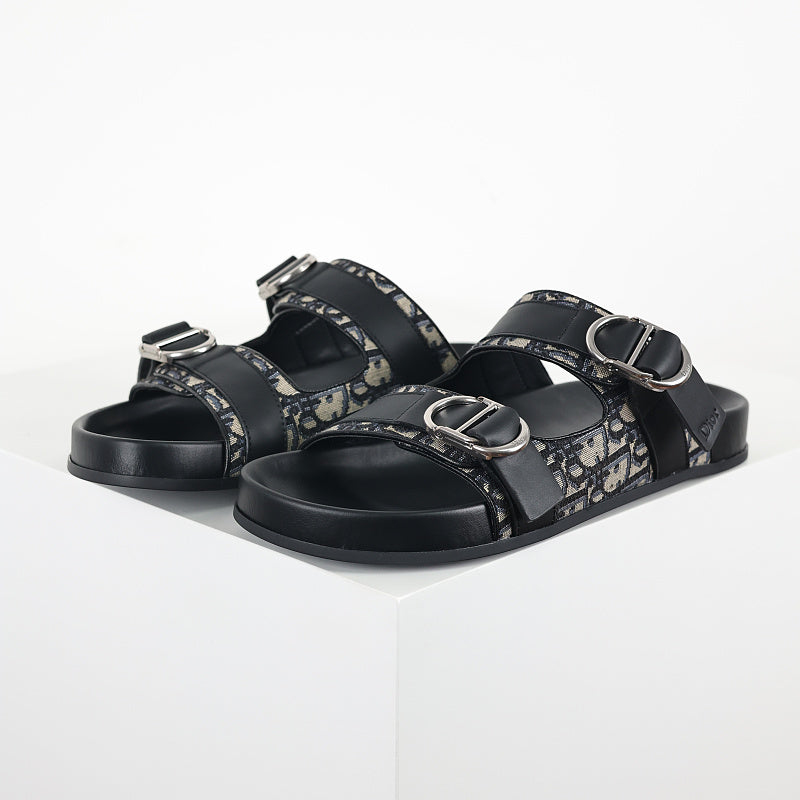 Dior Aqua Oblique Double-Buckle Slides – Black & Beige