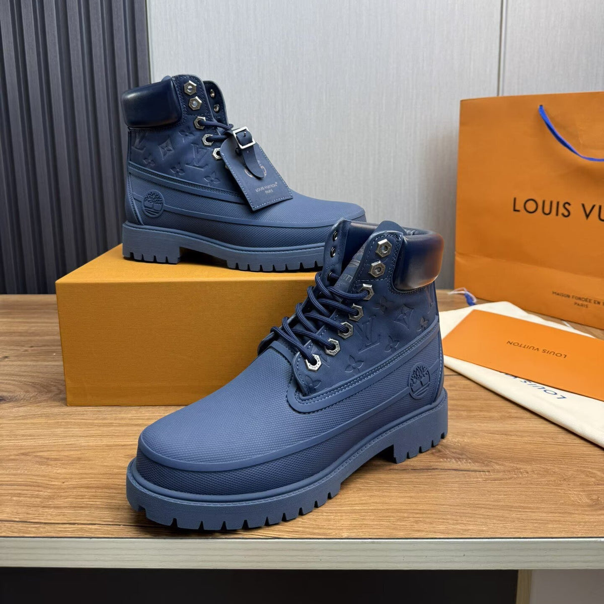 Louis Vuitton × Timberland Navy Blue Boots | Monogram Embossed Workwear Boot | Waterproof Lug Sole