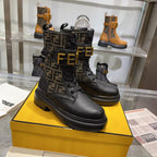 Fendi Black Leather Combat Boots | FF Jacquard Panel | Gold FENDI Buckle Strap | Lug Sole