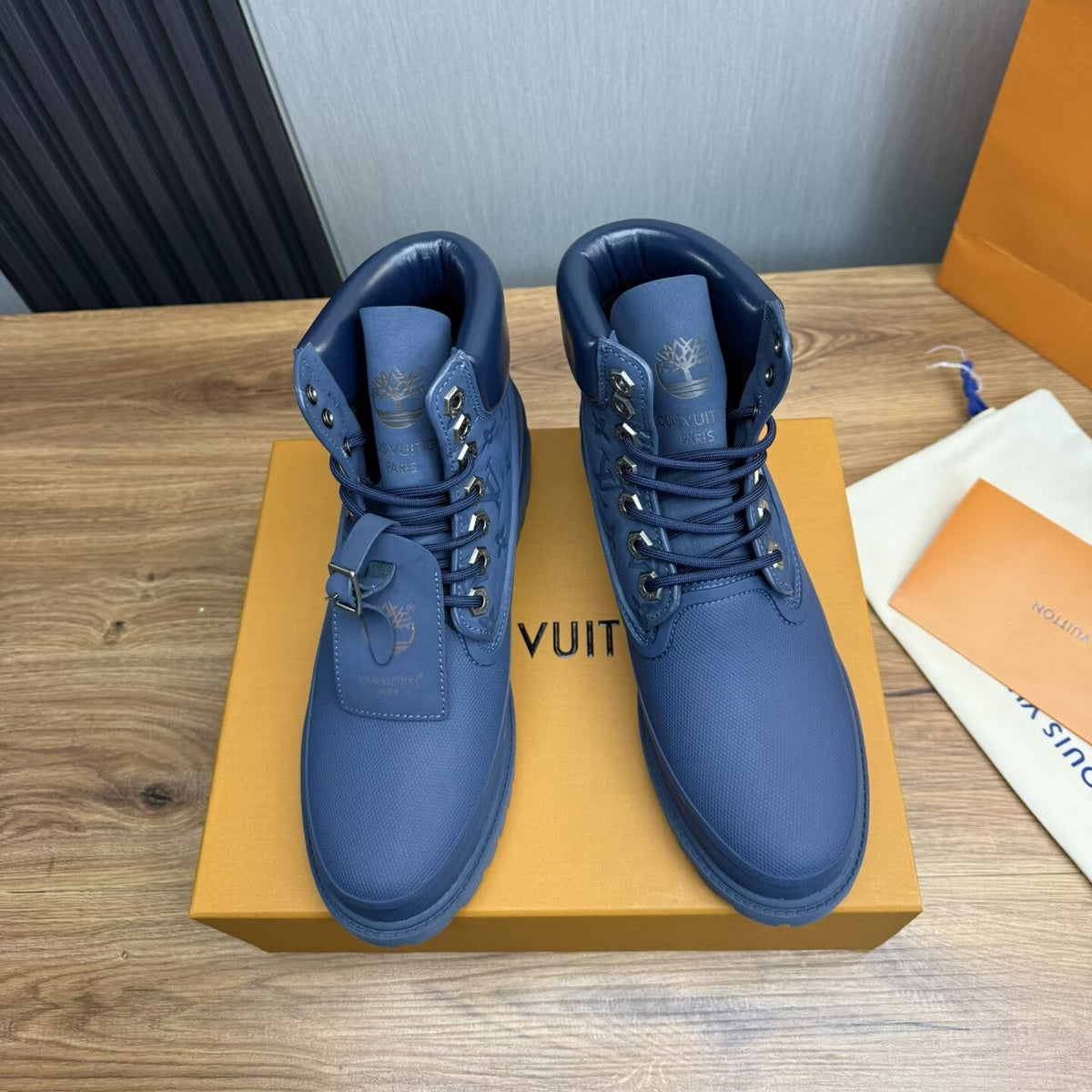 Louis Vuitton × Timberland Navy Blue Boots | Monogram Embossed Workwear Boot | Waterproof Lug Sole