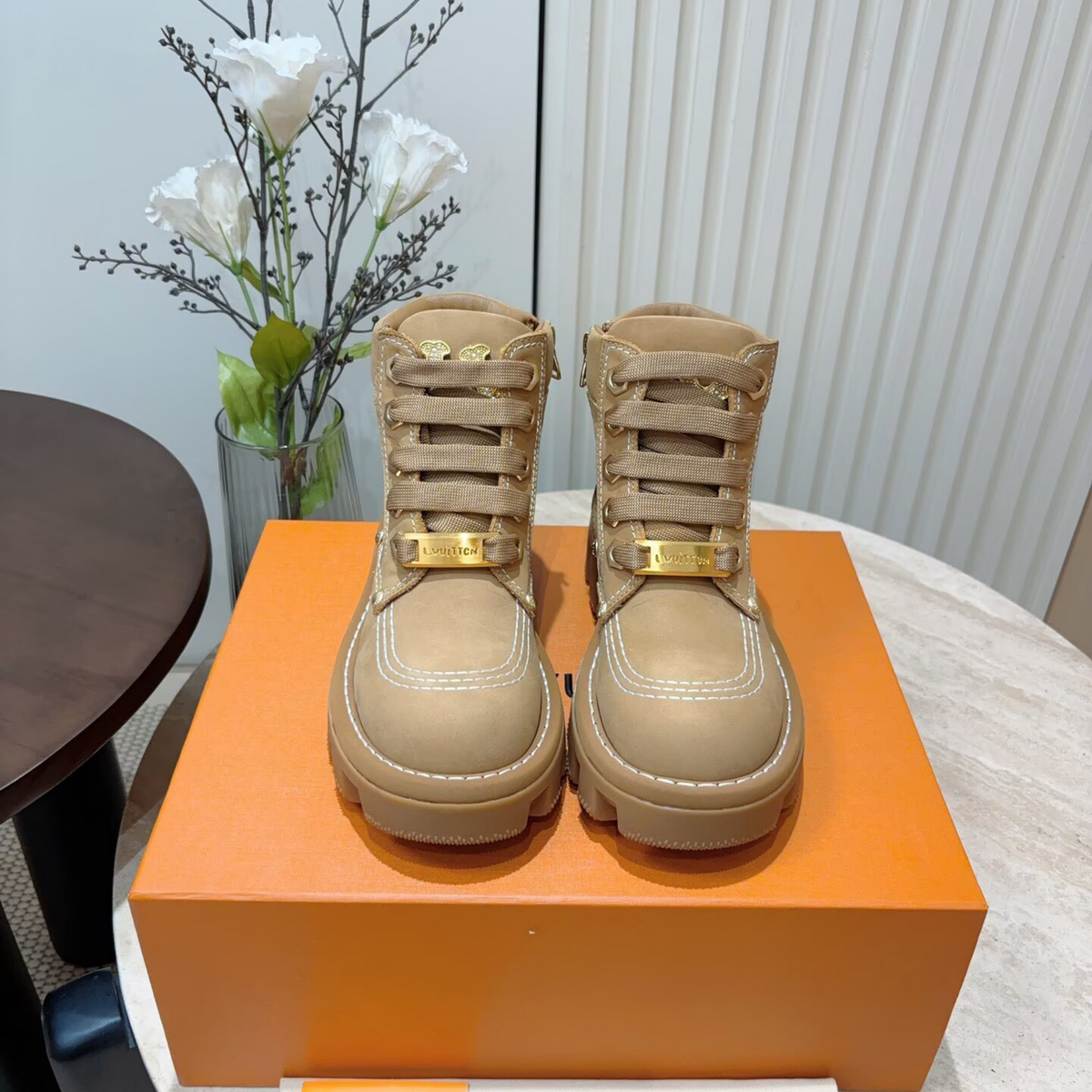 Louis Vuitton Tan High-Top Lace-Up Sneakers