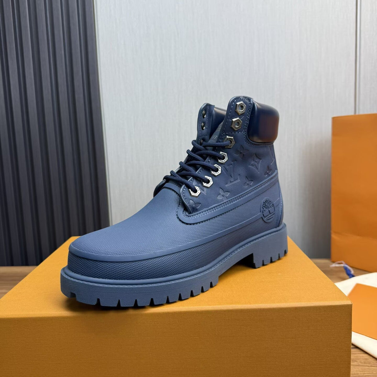 Louis Vuitton × Timberland Navy Blue Boots | Monogram Embossed Workwear Boot | Waterproof Lug Sole