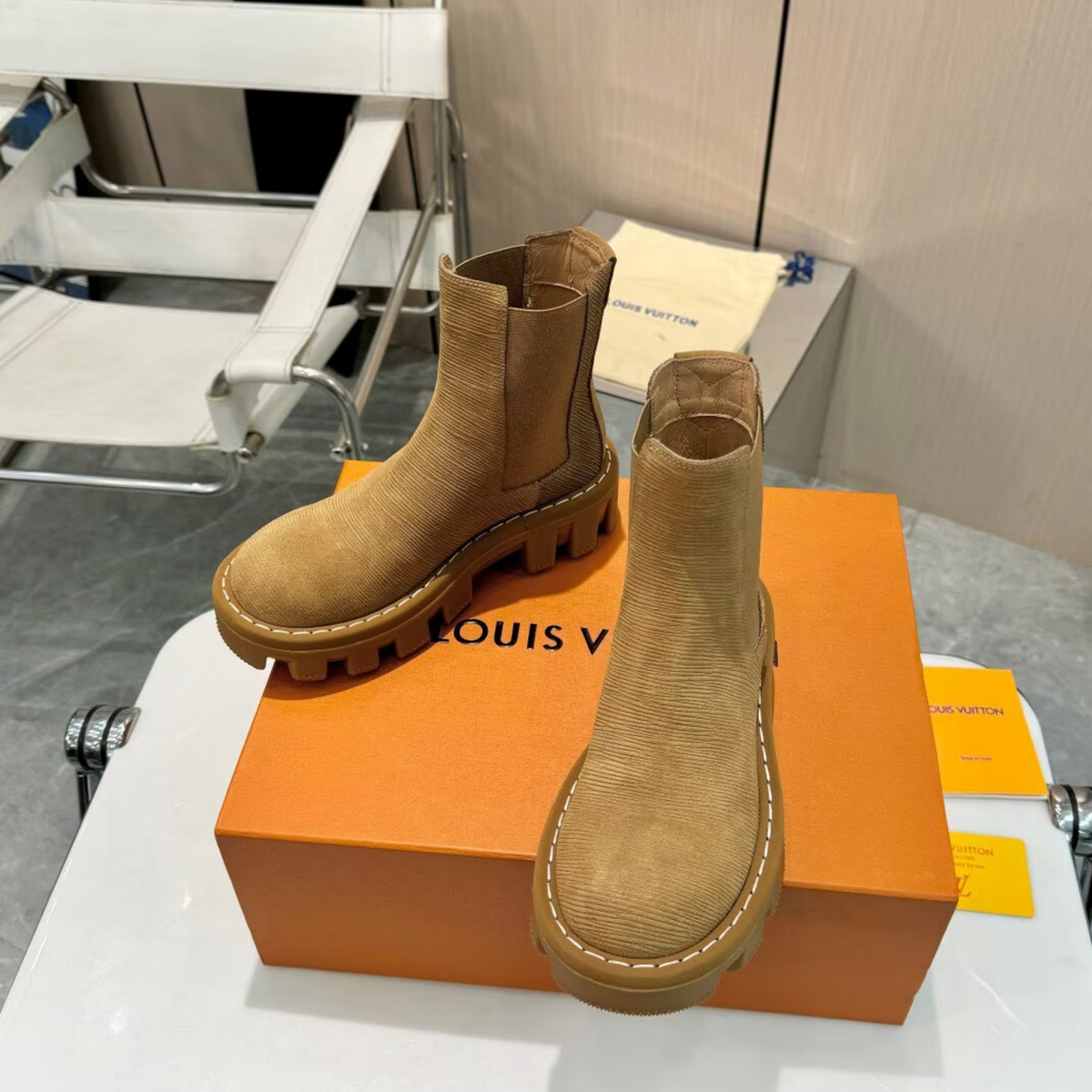 Louis Vuitton Tan Chelsea Lug Boots