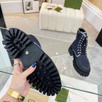 Gucci Navy Blue GG Jumbo Canvas Ankle Boots | Black Lug Sole | Lace-Up Side Zip