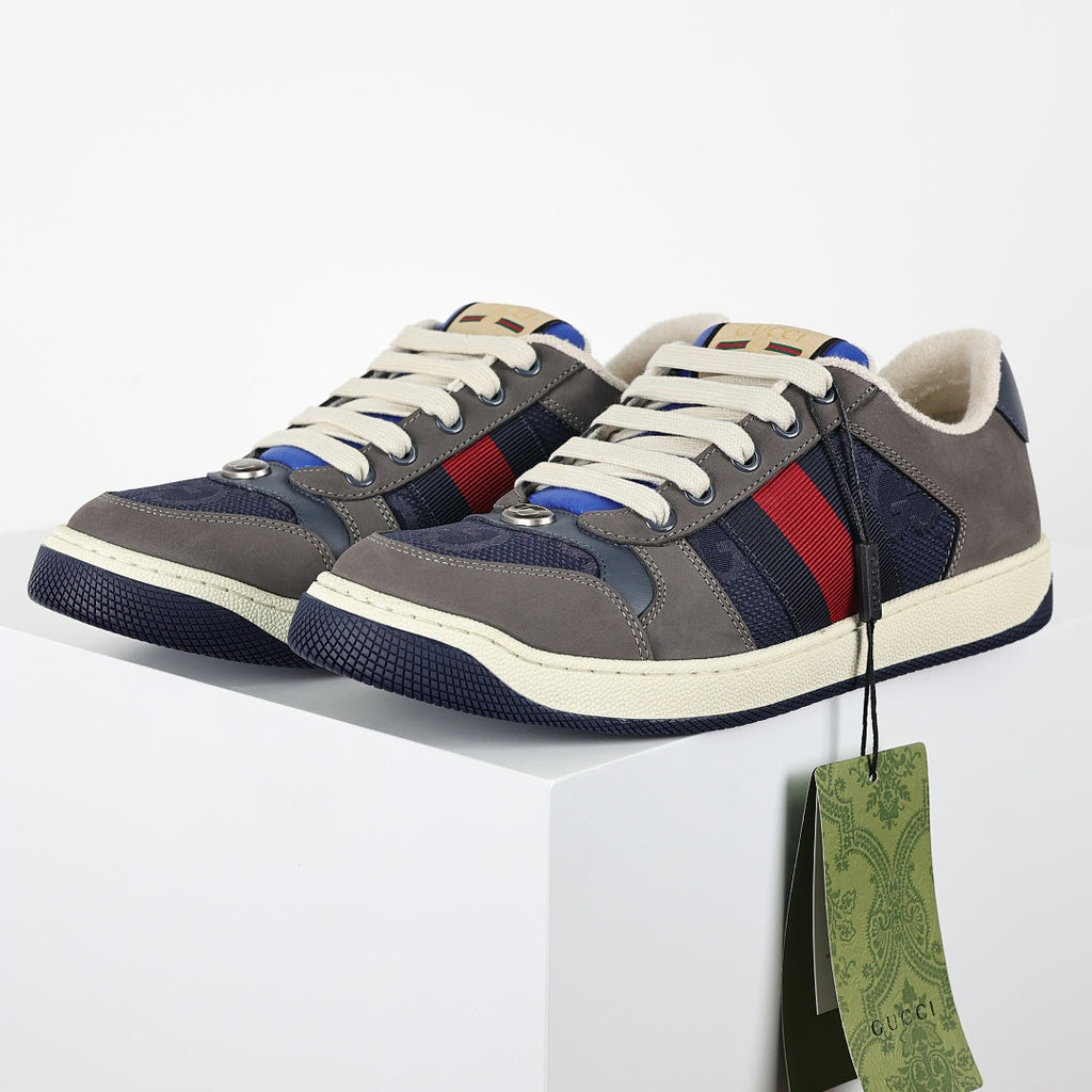 Gucci Screener Low-Top Sneakers – Grey Suede & Navy GG Canvas with Web Stripe