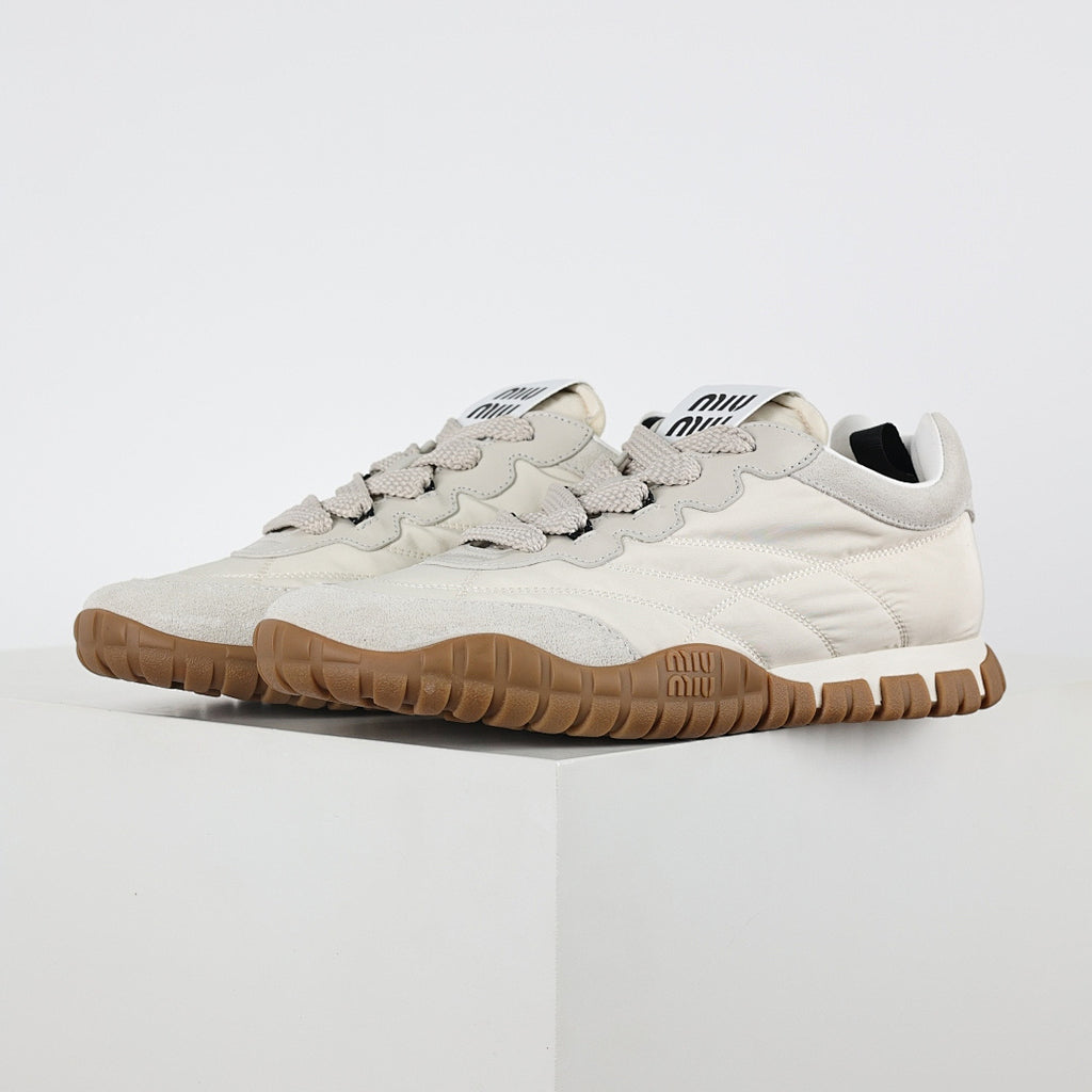 Miu Miu SS25 Quilted Nylon & Suede Sneakers in Cream