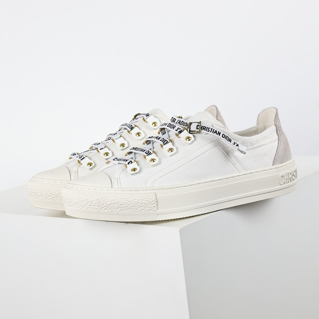 Dior Walk'n'Dior Low-Top Sneakers – White Canvas & J'adior Ribbon Laces with Gold Studs