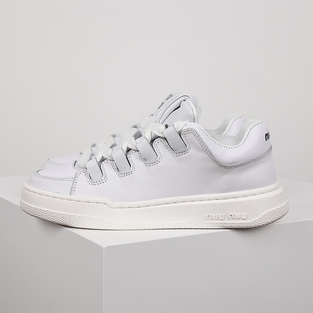 Miu Miu Oversized Lace Leather Low-Top Sneakers in White