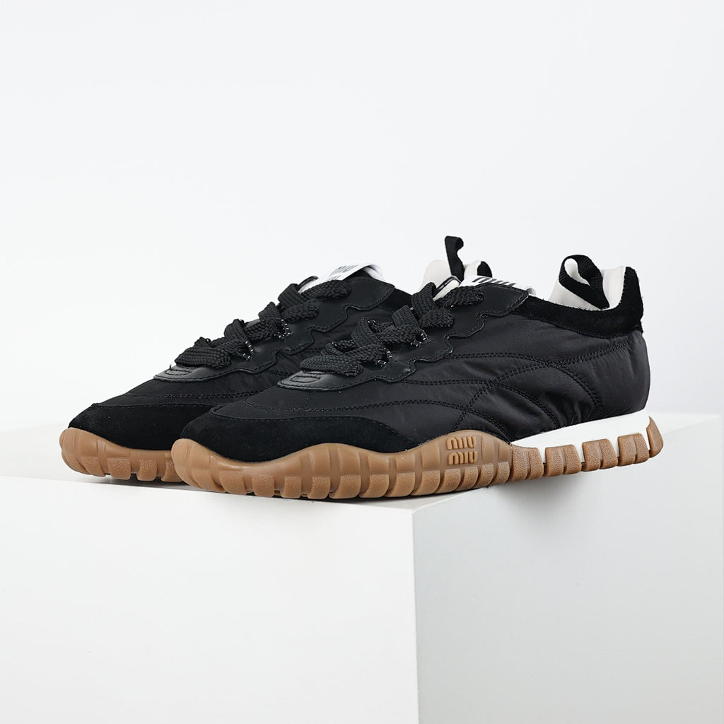 Miu Miu SS25 Quilted Nylon & Suede Sneakers in Black